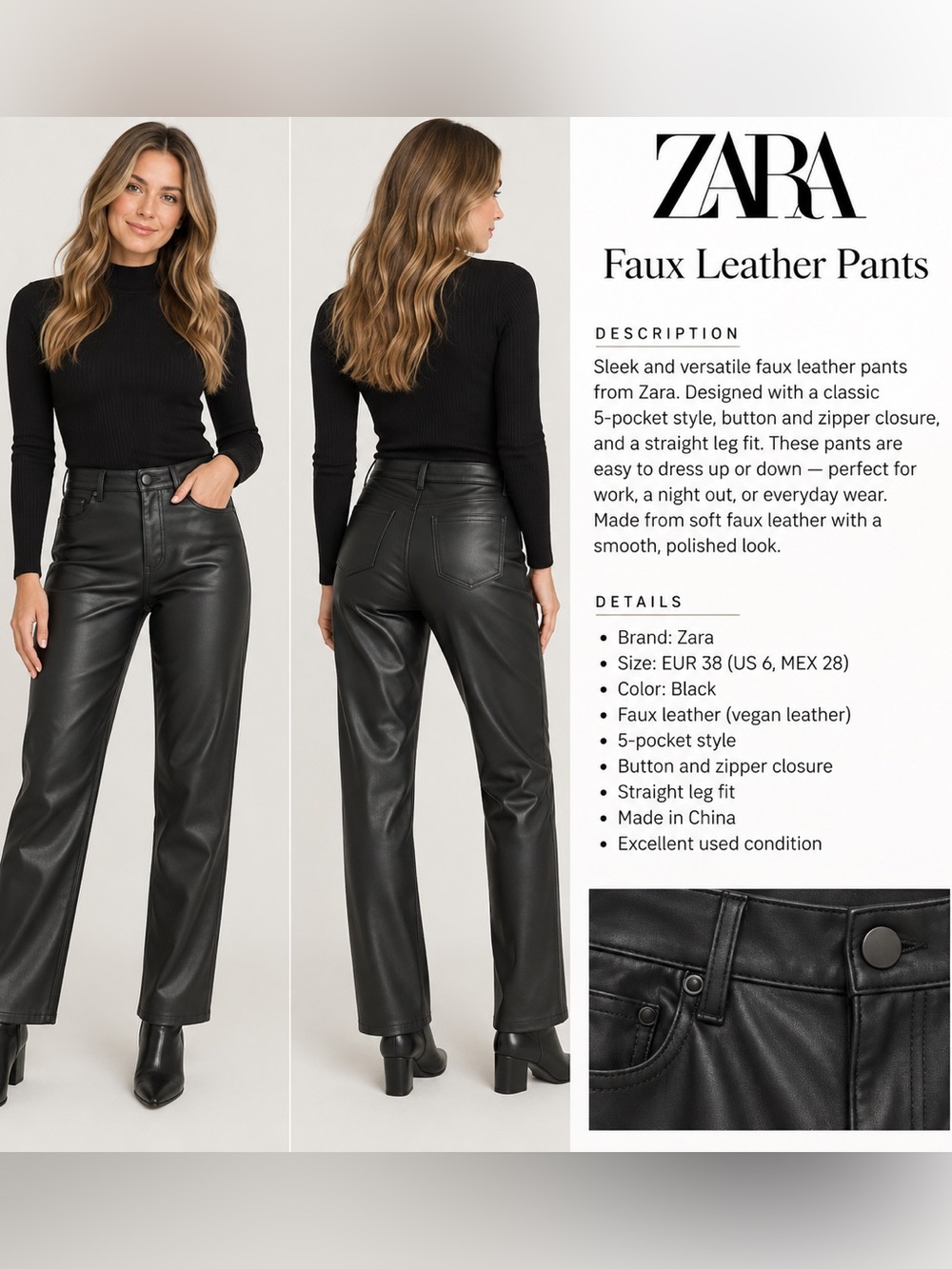 Zara Black Faux Leather Straight Leg Jeans